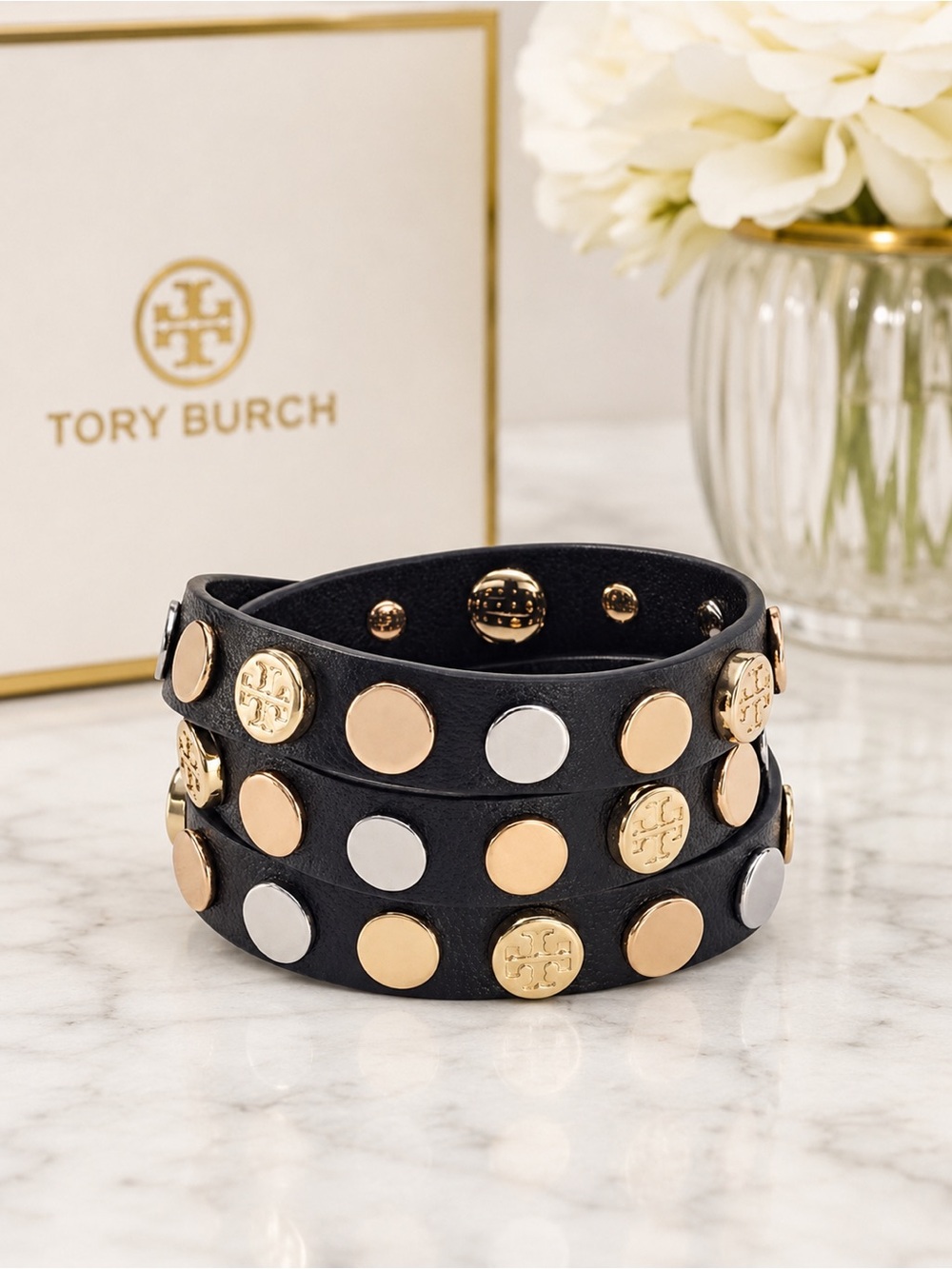 Tory Burch wrap bracelet Black and Gold Studded with pouch. Gift ready .